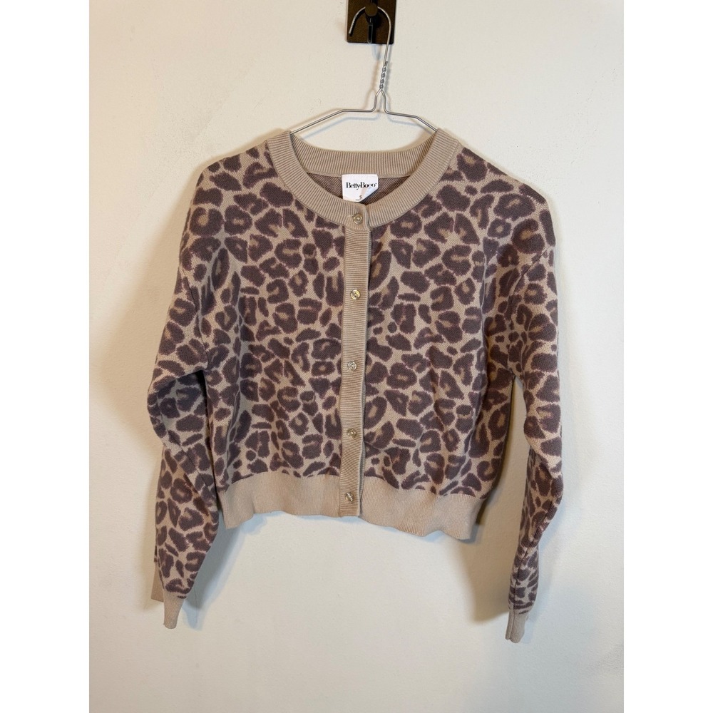 Betty Boop Women Cardigan Leopard Print Graphic Back Tan S